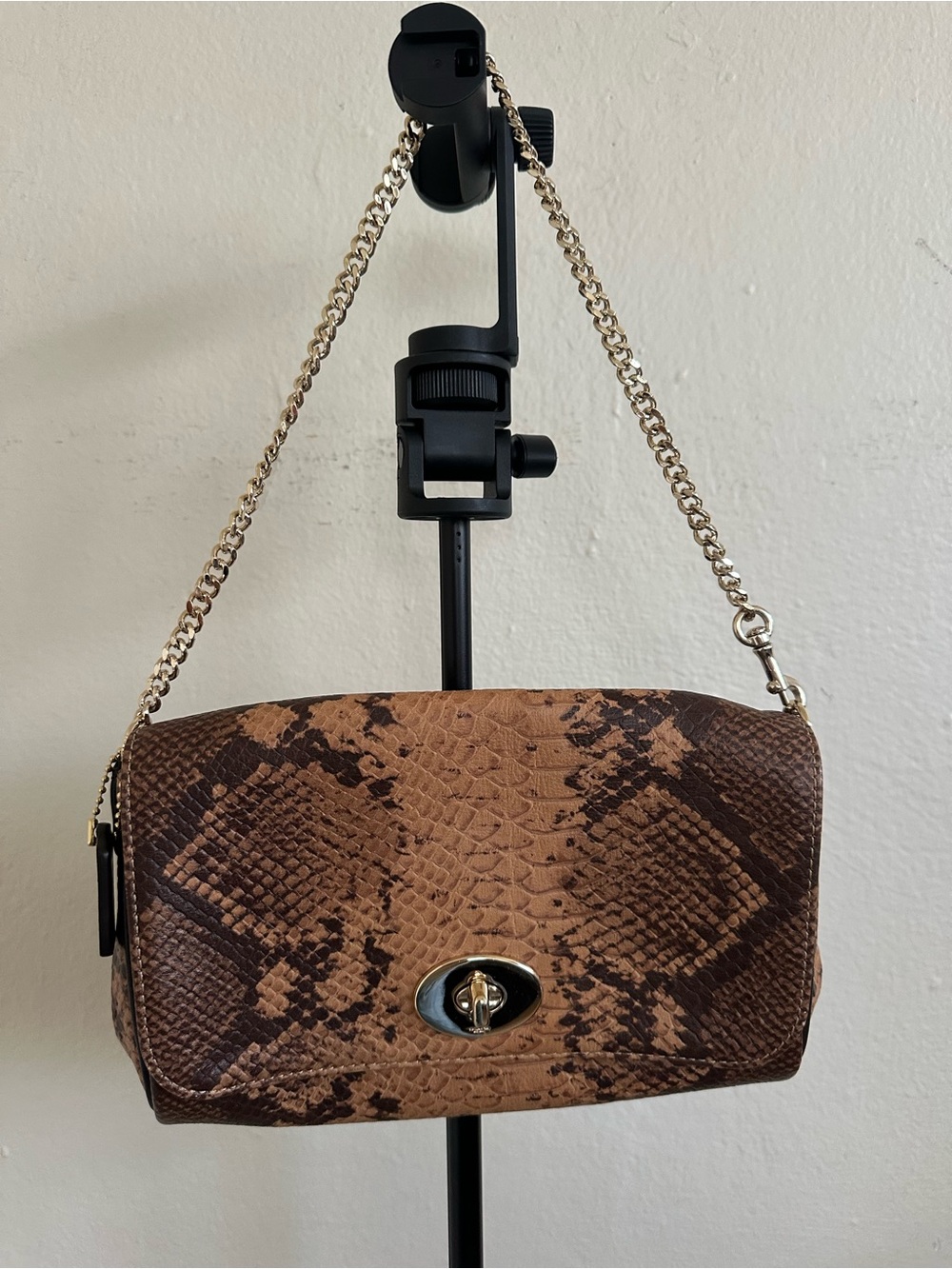 Coach Brown Snake-Embossed Shoulder Bag with Gold Chain